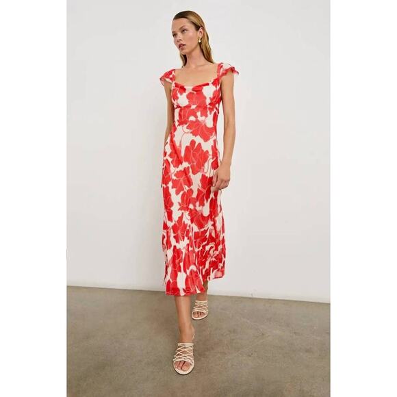 Rails Marigold Floral Flutter Sleeve Midi Dress in Scarlet Hibiscus M - Picture 5 of 6
